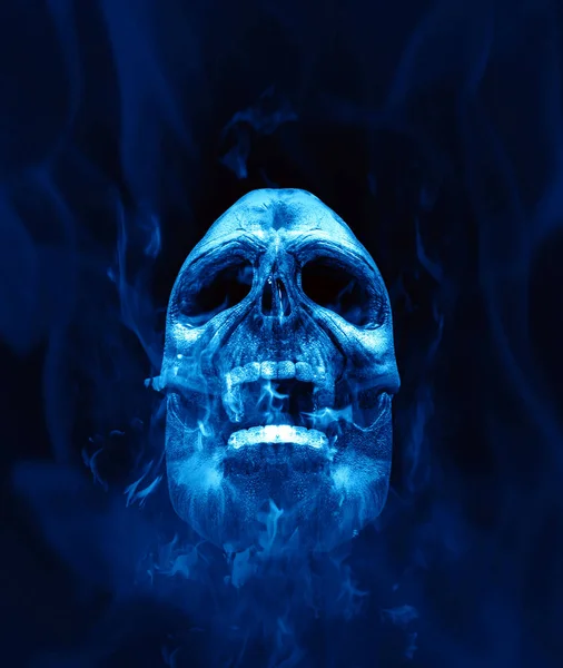 an illustration of a scull in blue flames