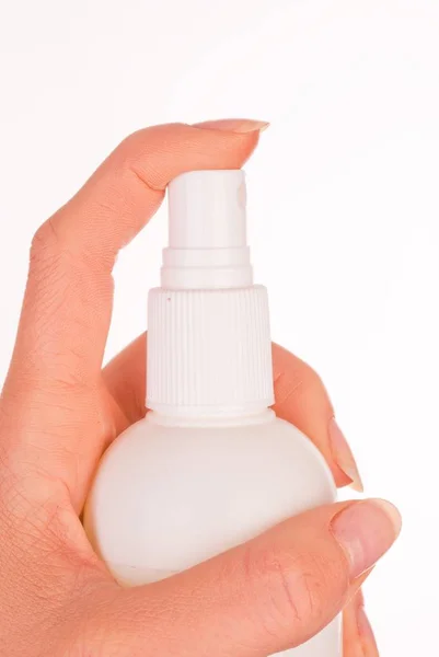 Hand Holding Spray Bottle White Background — Stock Photo, Image