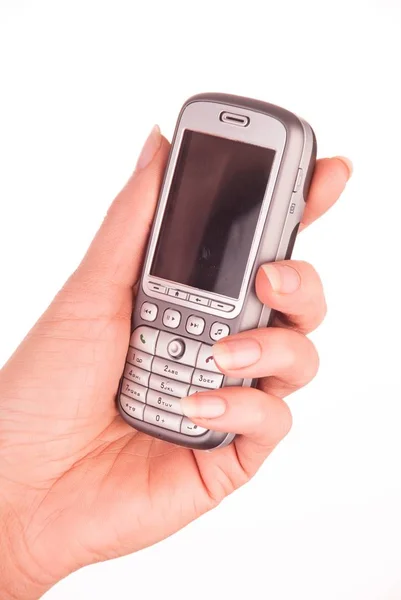 Κινητό Τηλέφωνο Στο Χέρι Απομονώνονται Λευκό — Φωτογραφία Αρχείου