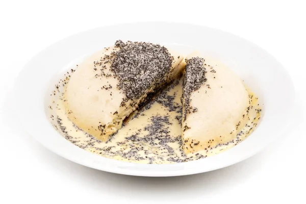 Süße Knödel Süßes Dessert Mit Vanillesauce Auf Weißem Teller — Stockfoto