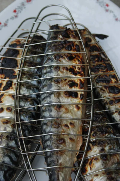 Ikan Barbecuing Mackerel Pada Gambar Penutupan Api Arang — Stok Foto