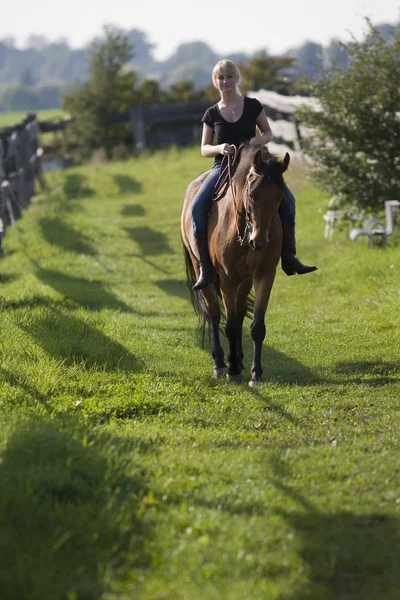 Femme Blonde Avec Son Cheval Brun — Photo