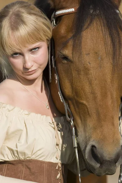 Blonde Woman Her Own Brown Horse — Stock Photo, Image