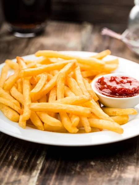 Freshly Fried Fries Ketchup Wooden Background — Stock Photo, Image