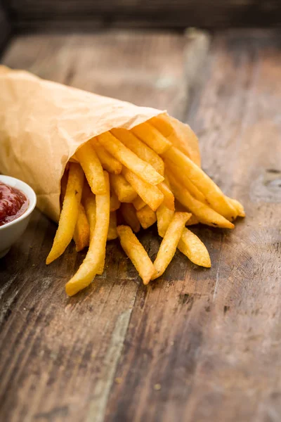 Freshly Fried French Fries Ketchup Wooden Background — Stock Photo, Image