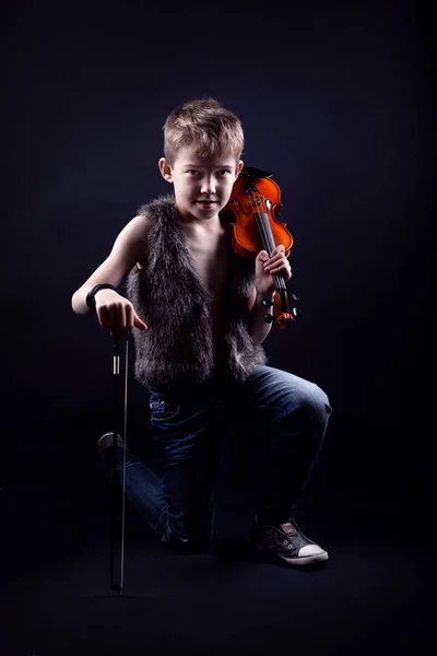 Fashionable Boy His Violin — Stock Photo, Image