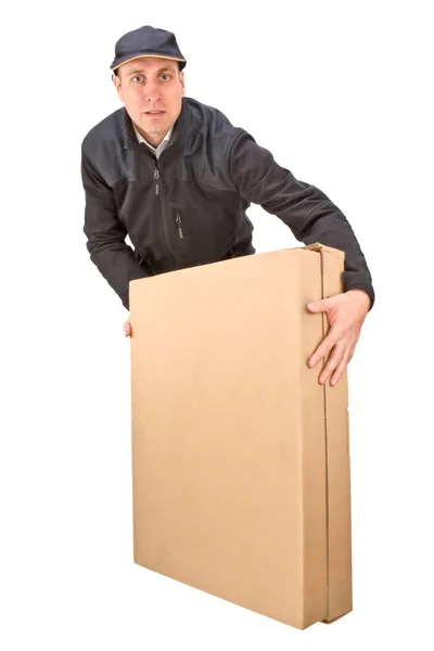 Homem Entrega Com Caixa Papelão Isolado Branco — Fotografia de Stock