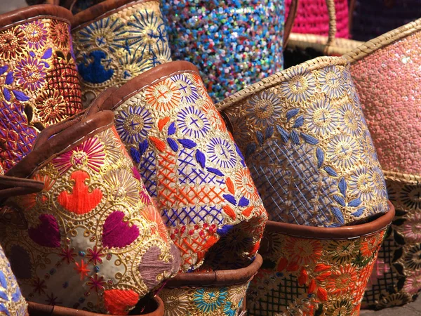 Muchas Bolsas Hechas Mano Mercado Abierto Marrakech Marocco —  Fotos de Stock