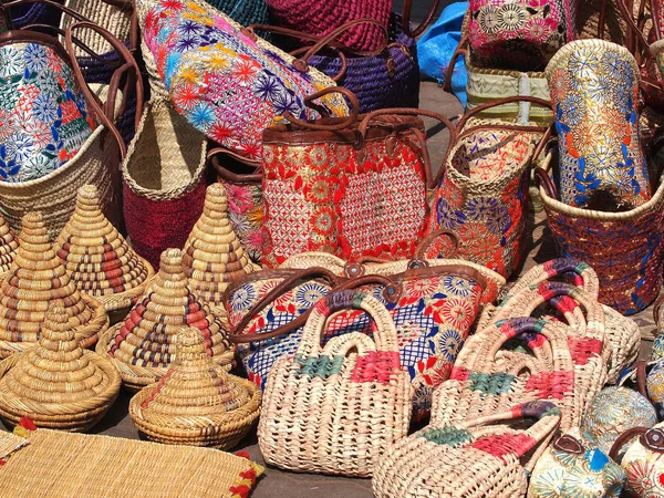 Bolsas Hechas Mano Cestas Mercado Abierto Marrakech Marocco —  Fotos de Stock