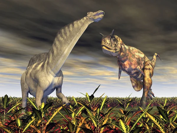 Computador Gerado Ilustração Com Dinossauros Carnotaurus Amargasaurus — Fotografia de Stock