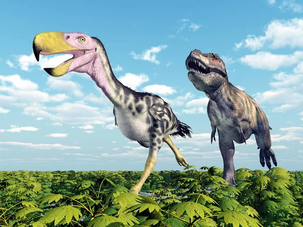 Computadora Generó Ilustración Con Pájaro Terror Prehistórico Kelenken Dinosaurio Tyrannosaurus — Foto de Stock