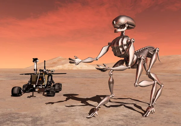 Υπολογιστή Που Δημιουργείται Εικόνα Έναν Άρη Rover Και Ένα Ρομπότ — Φωτογραφία Αρχείου