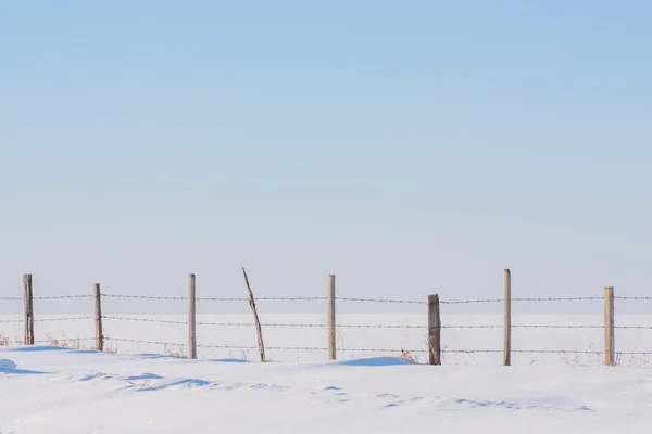 Eine Landschaft Einer Zaunlinie Unberührtem Neuschnee Mit Sanftem Blauen Himmel — Stockfoto