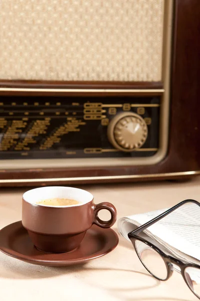 Cup Coffee Newspaper Radio — Stock Photo, Image
