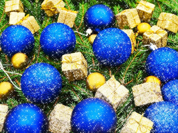 Nový Rok Dekorace Modrými Zlatými Hračkami Zelené Jedli — Stock fotografie