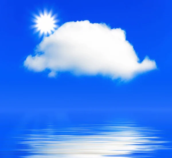 静かな水の下の青い澄んだ空に一つの雲と太陽の写真 — ストック写真