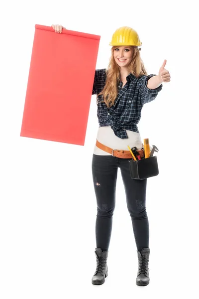 Artesão Feminina Segurando Uma Placa Vermelha — Fotografia de Stock