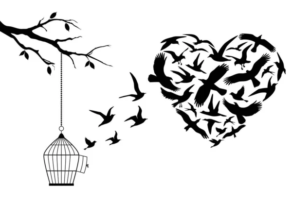 Aves Voadoras Forma Coração Com Gaiola Árvore Ilustração Vetorial — Fotografia de Stock