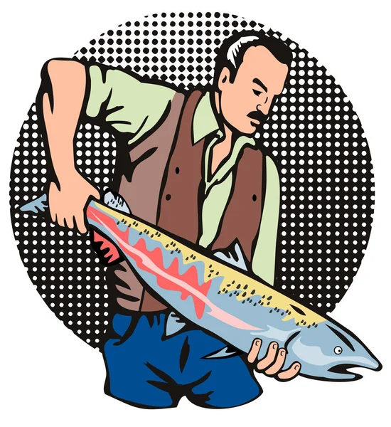 Illustrazione Pescatore Che Tiene Pesce Salmone Davanti Punti Mezzitoni Fatti — Foto Stock