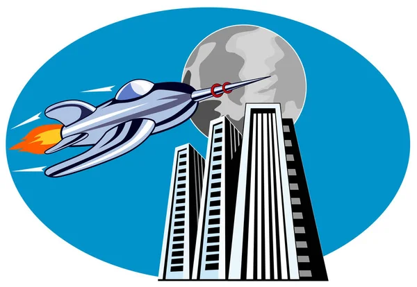 Illustration of rocket ship flying with buildings and moon in the background done in retro style.