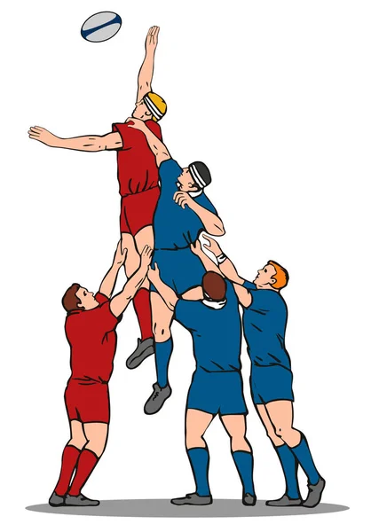 Illustrazione Giocatore Rugby Che Cattura Palla Lineout Fatto Stile Retrò — Foto Stock