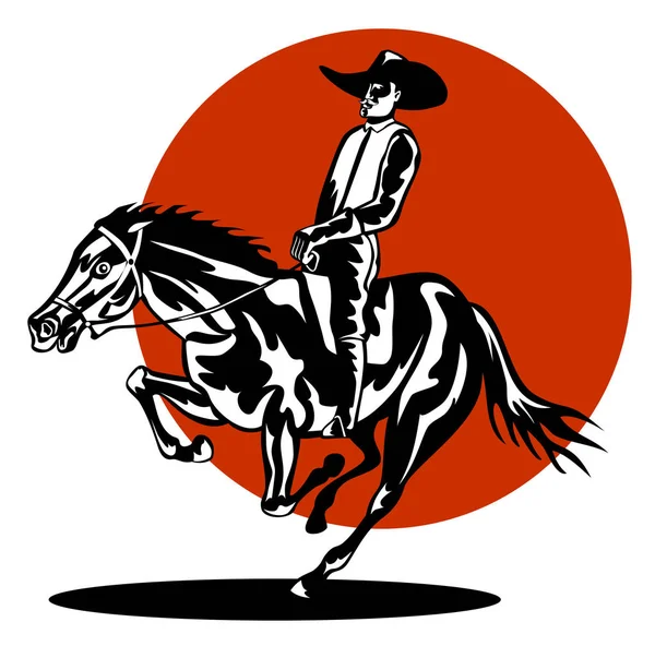 以复古风格描绘牛仔骑着马在孤零零的白色背景上疾驰 — 图库照片