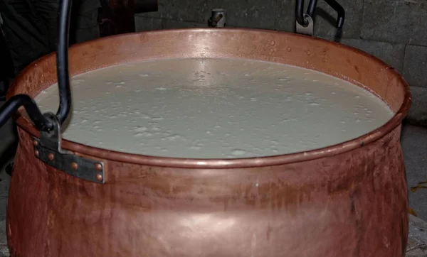Curd Cheese Heating Copper Tub — Stock Photo, Image