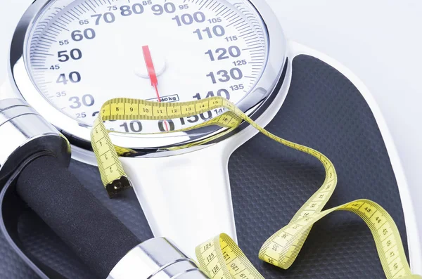 Scales Dumbbells Tape Measure — Stock Photo, Image