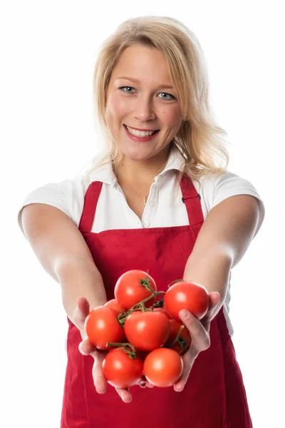 Kobieta Fartuchem Prezentuje Garść Pomidorów — Zdjęcie stockowe