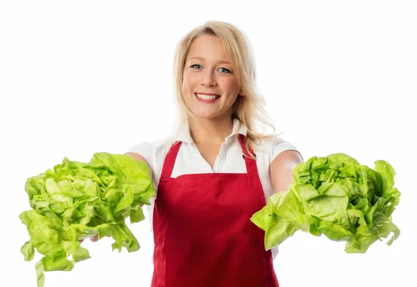 Woman Apron Presenting Heads Lettuce — Stock Photo, Image