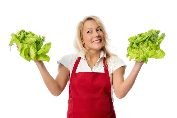 Woman Apron Presenting Lettuce — Stock Photo, Image