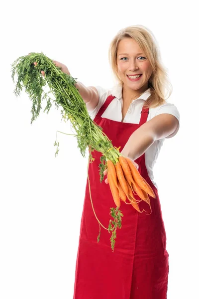Blonde Housewife Apron Presenting Bunch Carrots — Stock Photo, Image