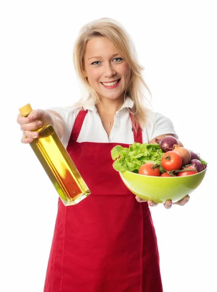 Mujer Que Presenta Tazón Lechuga Aceite — Foto de Stock