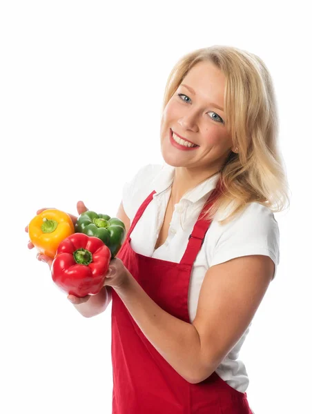 Huisvrouw Met Schort Presenteren Pepers — Stockfoto