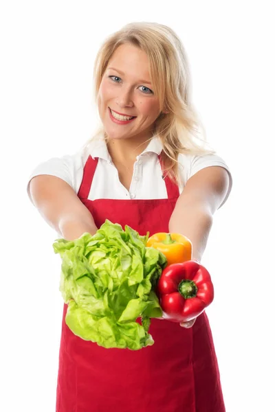 Woman Apron Presenting Head Lettuce Peppers — Stock Photo, Image
