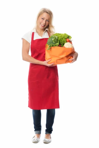Femme Foyer Blonde Avec Tablier Présentant Sac Plein Légumes — Photo