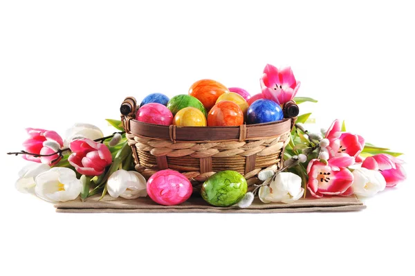 Easter Nest Colored Chicken Eggs Tulips Pussy Willow White Background — Fotografia de Stock