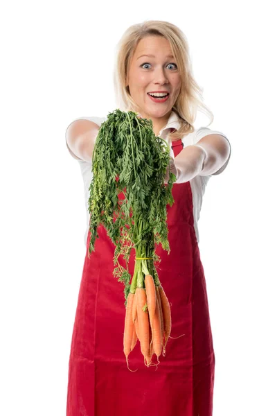Blonde Housewife Apron Presenting Bunch Carrots Stock Image