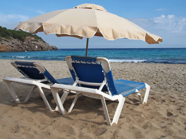 Olympus Digital Camera Beach Chairs Umbrellas Cala Nova Ibiza — стоковое фото