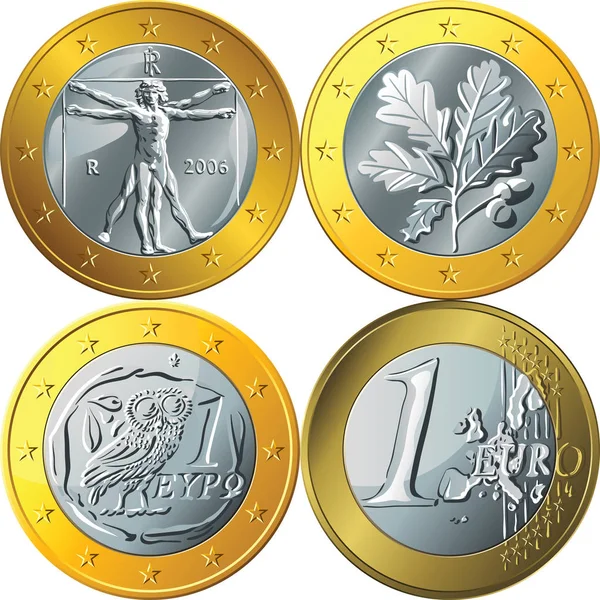 セットドイツ語 スペイン語とイタリア語のお金 ビトルビアの男 オークの葉とフクロウのイメージと金貨ユーロ — ストック写真