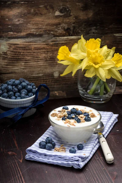 Fresh Blueberry Yoghurt Granola Mint Background — Stock Photo, Image