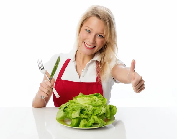 Rubia Mujer Presentando Una Cabeza Lechuga Mostrando Los Pulgares Hacia —  Fotos de Stock