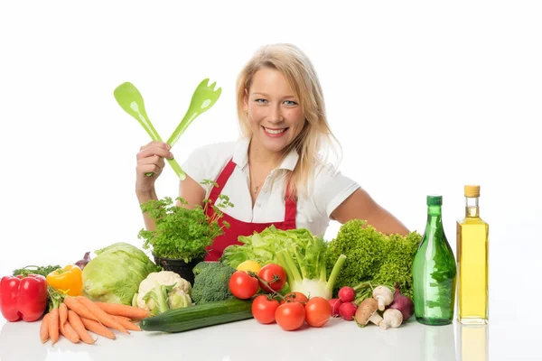 Blonde Woman Apron Presenting Different Kinds Vegetable Salad — Stock Photo, Image