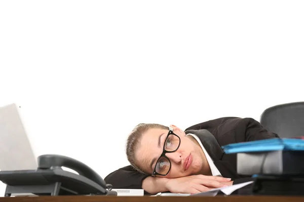 Secretária Deitada Com Cabeça Sobre Mesa Exausta — Fotografia de Stock
