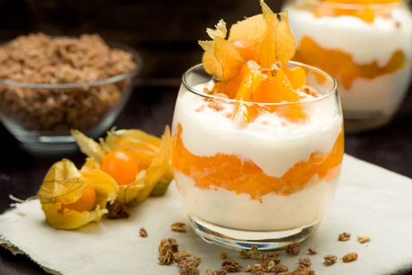 Jogurt Mandarinkami Müsli Pozadí — Stock fotografie