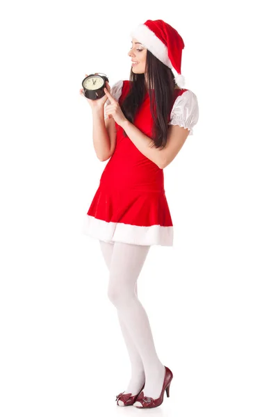 Pretty Young Woman Santa Suit Alarm Clock White Background — Stock Photo, Image