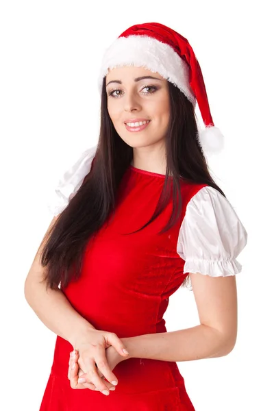 Mujer Joven Traje Santa Sobre Fondo Blanco Navidad — Foto de Stock