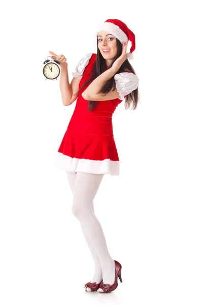 Mulher Bonita Terno Papai Noel Com Despertador Fundo Branco — Fotografia de Stock
