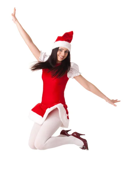 Ung Kvinna Santa Kostym Vit Bakgrund Julen — Stockfoto