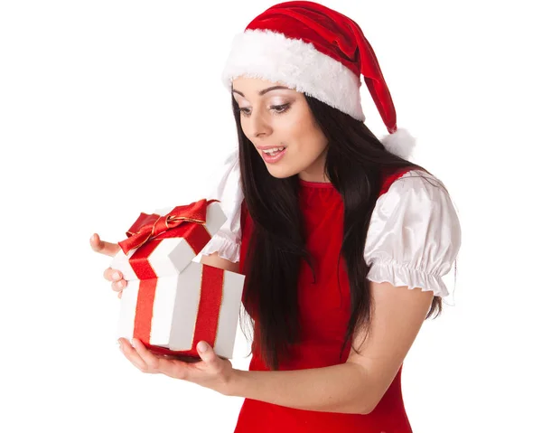 Bela Jovem Mulher Gorro Papai Noel Com Presente Fundo Branco — Fotografia de Stock